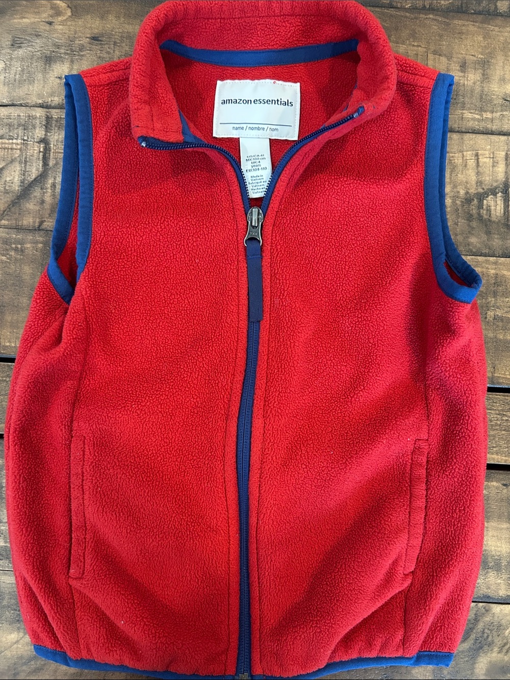 Amazon Essentials 3-4Y Red Fleece Vest with Blue Trim for Kids